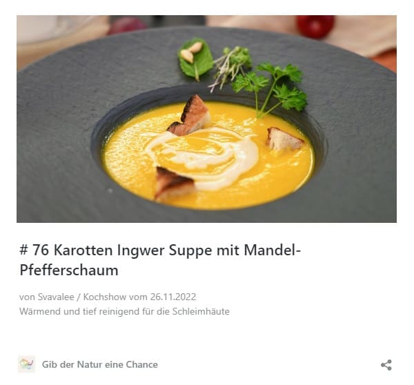 #76 Karotten Ingwer Suppe mit Mandel-Pfefferschaum