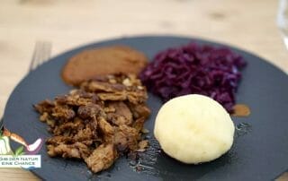 Rezept für Jetzt vegane Ente mit Rotkraut, Kartoffelklößen und Wildbratensoße