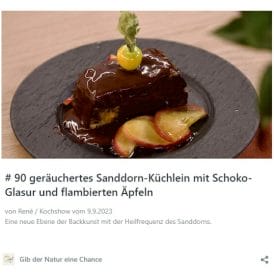 #90 geräuchertes Sanddorn-Küchlein mit Schoko-Glasur und flambierten Äpfeln