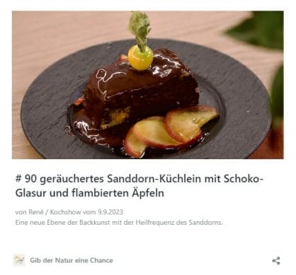 #90 geräuchertes Sanddorn-Küchlein mit Schoko-Glasur und flambierten Äpfeln